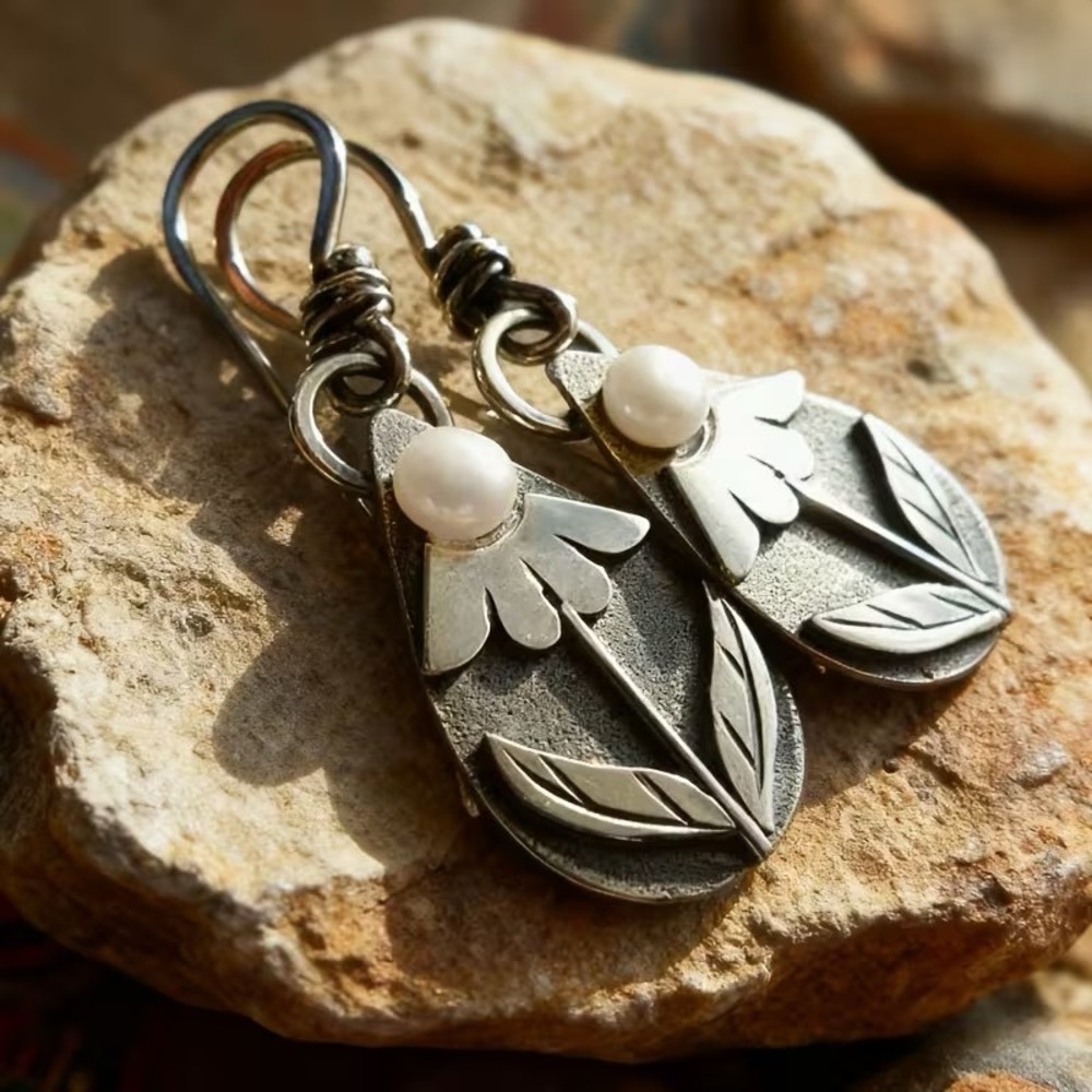 Floral Pearl Teardrop Dangle Earrings Silver Tone Boho Artisan Mixed Metal Style - Picture 2 of 4